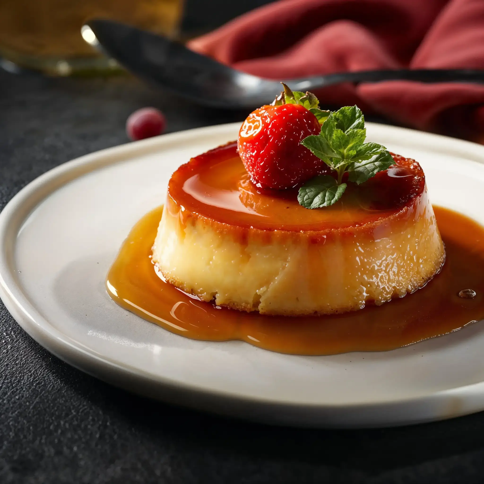 A single serving of Flan de Leche topped with a fresh strawberry and a mint leaf, served on a simple white plate. The caramel sauce glistens around the custard, providing a rich, golden hue that contrasts beautifully with the dark background.