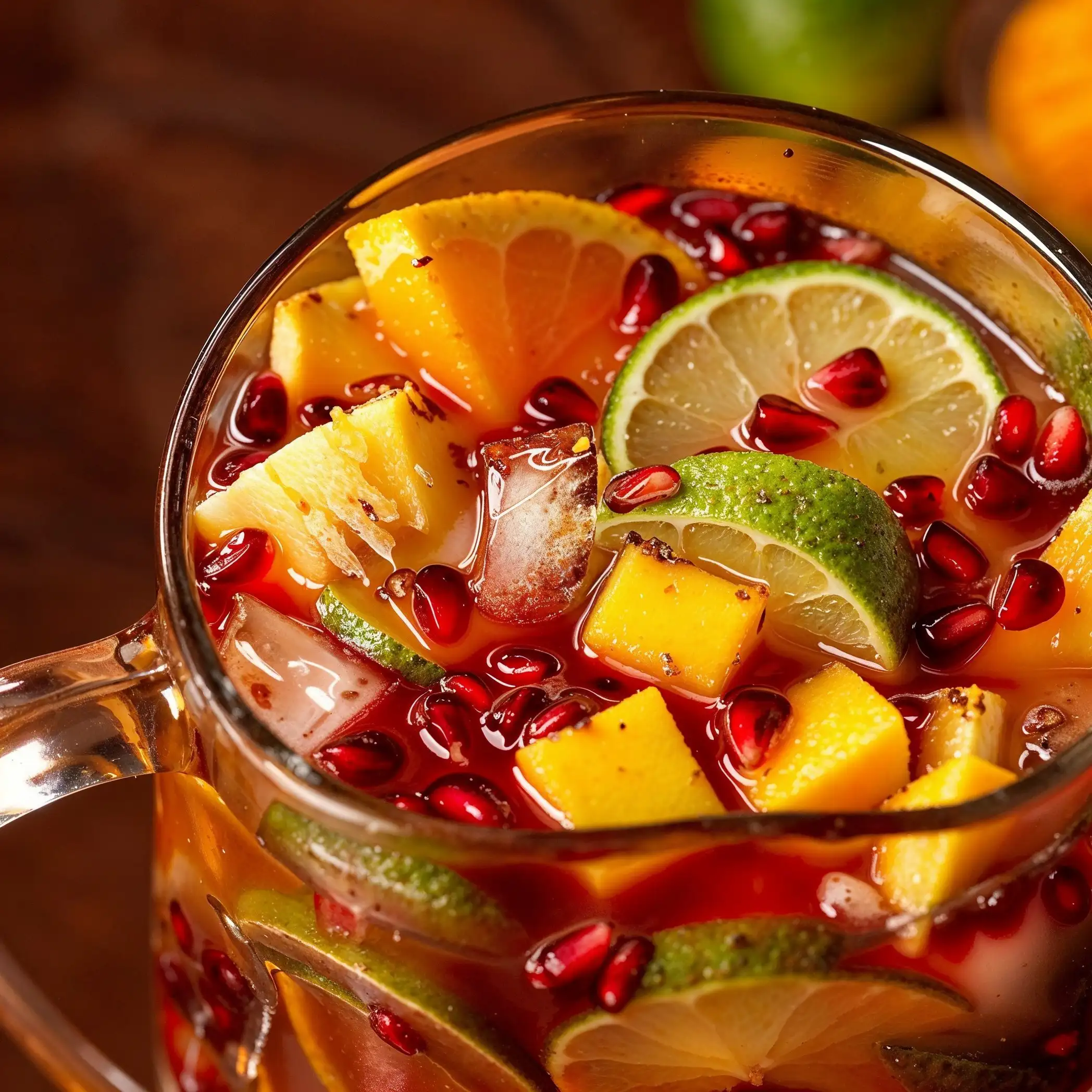 a clear glass pitcher, filled to the brim with our Haitian Sangria, an absolute feast for the eyes and the senses. Vivid Colors and Layers The rich crimson hue of the red wine forms the base, beautifully contrasted by the vibrant orange slices, golden chunks of pineapple, and sunny yellow starfruit.