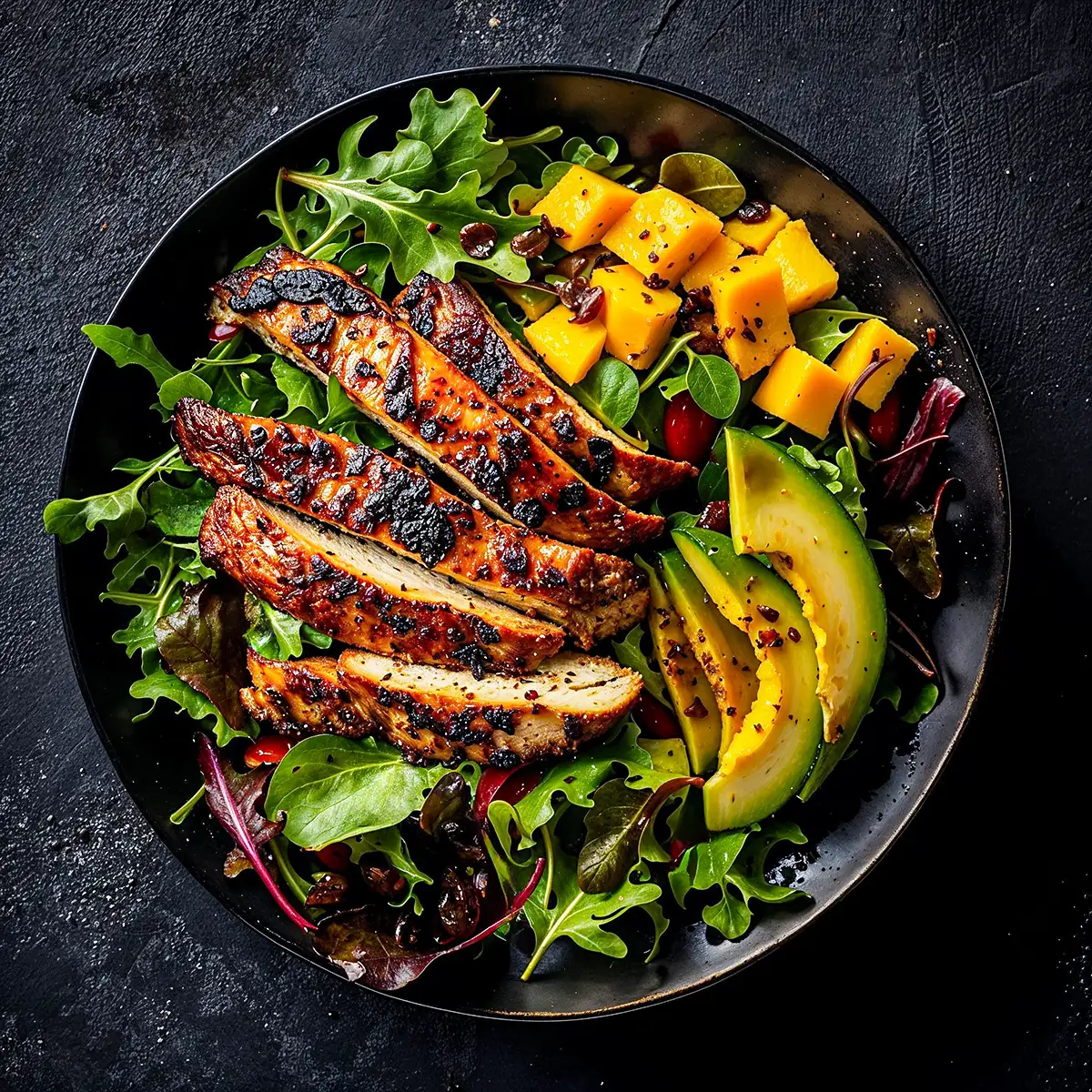 A vibrant Jamaican Jerk Chicken Salad featuring sliced jerk chicken breast atop a bed of mixed greens, with diced mango and sliced avocado, all beautifully arranged on a dark plate against a dark background. The salad is fresh, colorful, and appetizing, showcasing the bold and diverse ingredients.