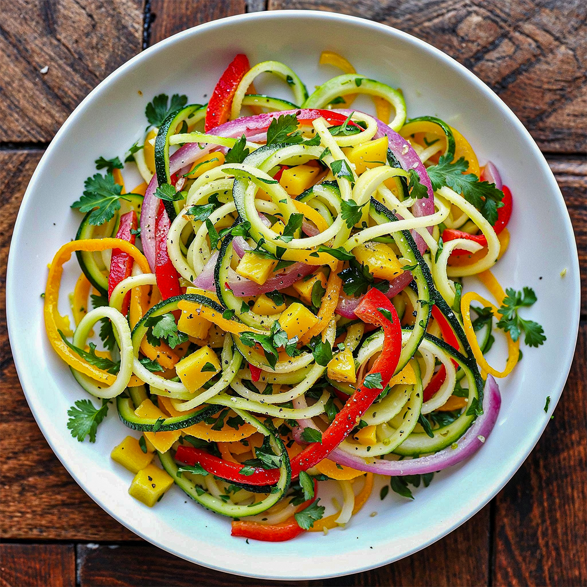 A top view of a white plate filled with Spiralized Zucchini and Squash Salad